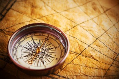 Close up view of the compass on old paper